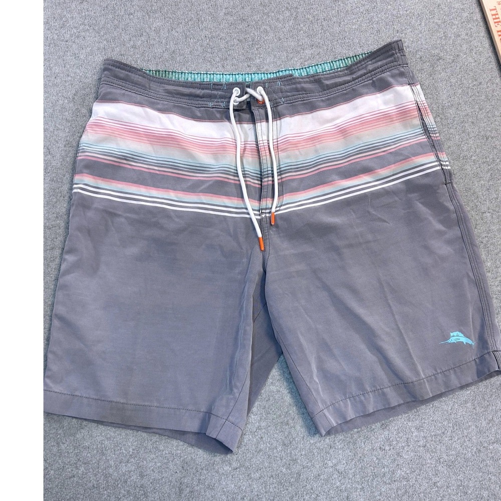 Tommy Bahama Swim Trunks Mens Large Gray Striped‎ Board Shorts Coastal Beachwear